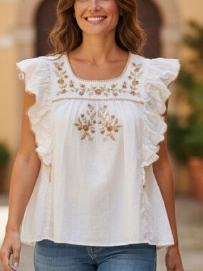 Chelsea & Theodore White Blouse with Gold Floral Embroidery - Size XL